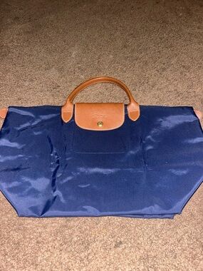 Longchamp Le Pliage Navy Tote with Tan Leather Trim Good Condition